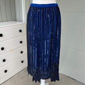 VTG Mark & John II Beaded Silk Skirt Black Blue Floral Hem 90s Evening